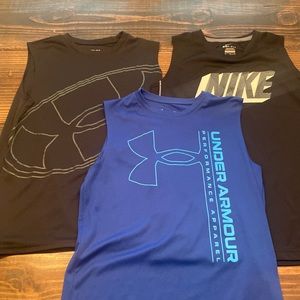 LOT of 3 sleeveless dry-fit material shirts. (2) UA and (1) NikeGreat condition